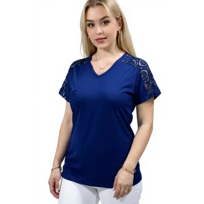 Kadın Lacivert Büyük Beden V Yaka Omzu Ve Cebi Güpürlü Likralı Buluz