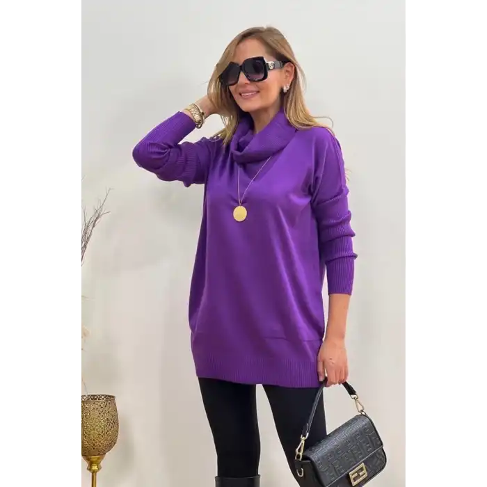 Kadın Mor Degaje Yaka Yandan Cepli Likralı İnce Triko Bluz