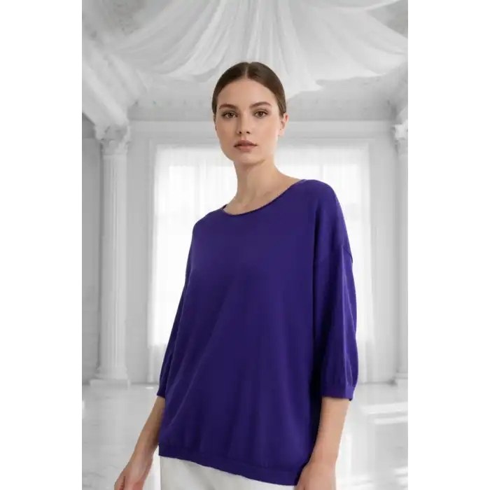 Kadın Mor Kayık Yaka Likralı % 100 PAMUK İPLİK İnce Triko Bluz