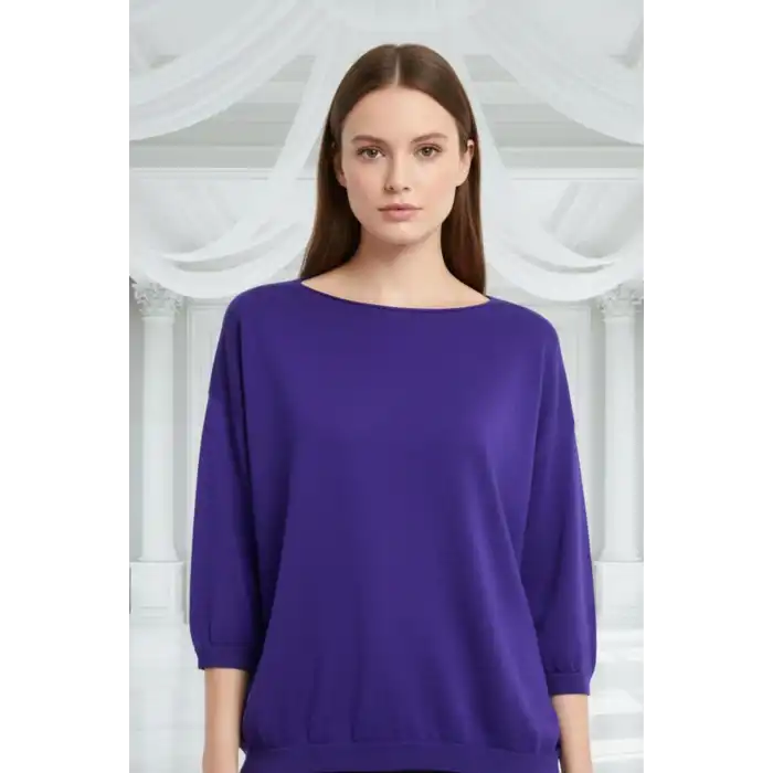 Kadın Mor Kayık Yaka Likralı % 100 PAMUK İPLİK İnce Triko Bluz