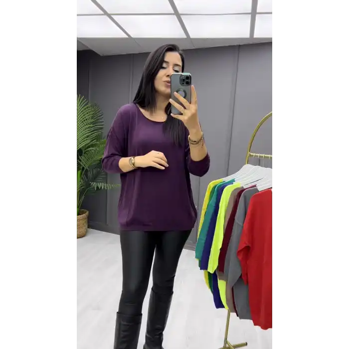 Kadın Mor Kayık Yaka Likralı  % 100 PAMUK İPLİK  İnce Triko Bluz