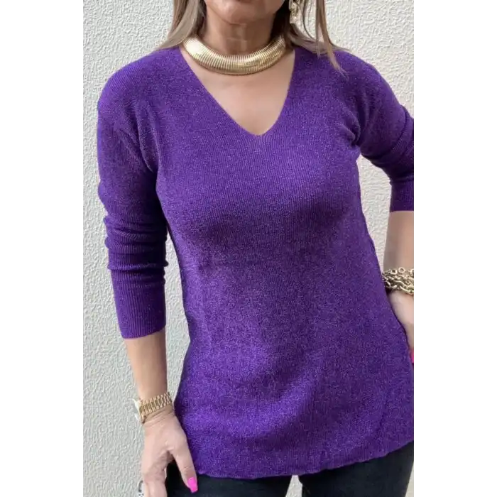 Kadın Mor V Yaka Likralı Dışı Simli İçi Yumoş İnce Triko Bluz