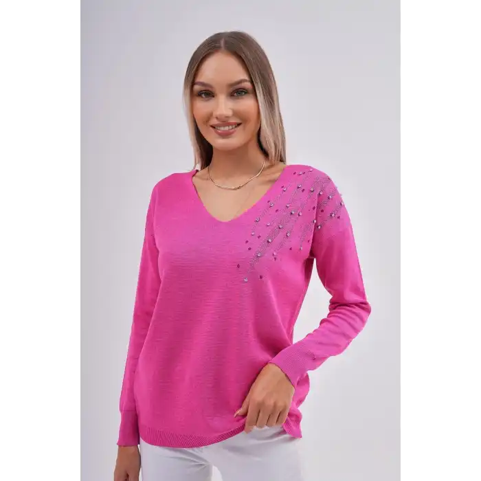 Kadın Pembe V Yaka Omzu Kristal İnci Ve Taş İşlemeli Likralı Tiriko Kazak Bluz