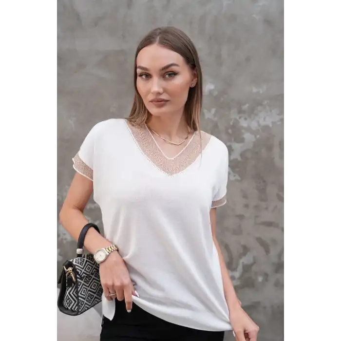 Kadın Beyaz V Yaka Yakası Sim Detaylı Soğuk İplik Yazlık İnce Merserize Buluz