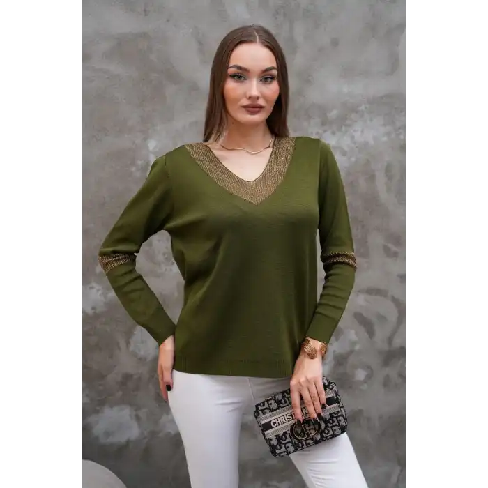 Kadın Haki Yeşil V Yaka Yakası Simli Likralı Rahat Kalıp İnce Triko Buluz