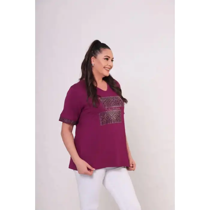 Kadın Mürdüm Büyük Beden Önü Ve Kol Ucu Etnik Desen Kriştal Taş İlşemeli Kısa Kol Buluz