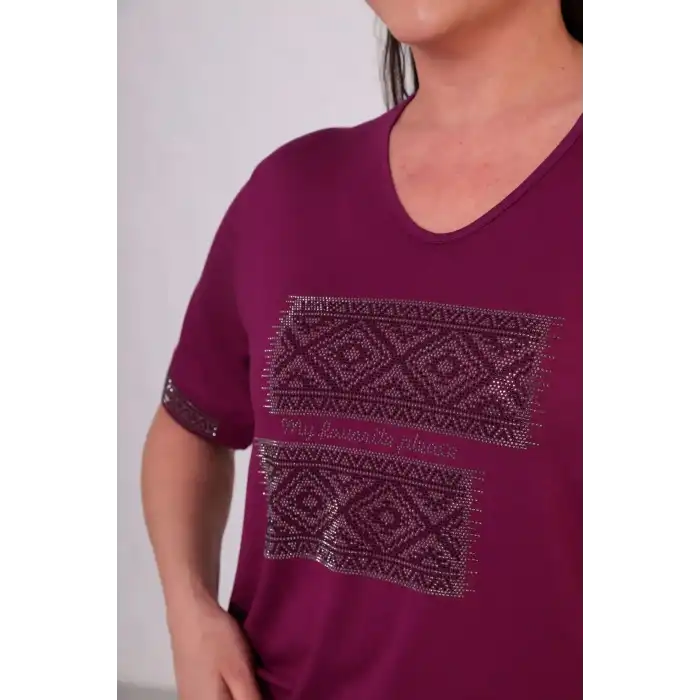 Kadın Mürdüm Büyük Beden Önü Ve Kol Ucu Etnik Desen Kriştal Taş İlşemeli Kısa Kol Buluz