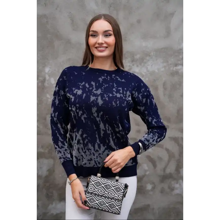 Kadın Laciverte Gri Sim Detaylı Bisiklet Yaka Batik Desen Yeni Sezon Likralı Esnek Tiriko Kazak