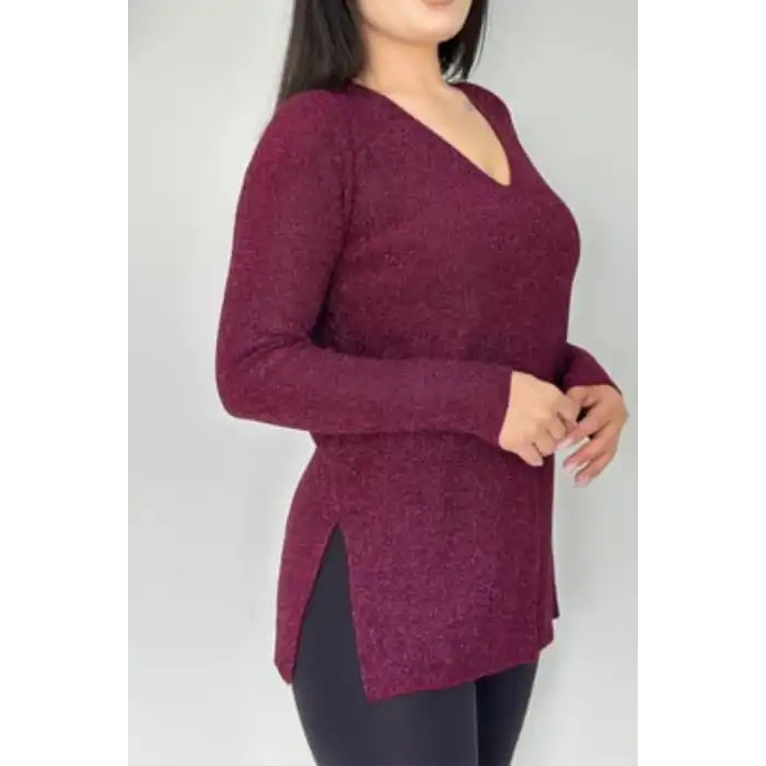 Kadın Mürdüm V Yaka Likralı Dışı Simli İçi Yumoş İnce Triko Bluz