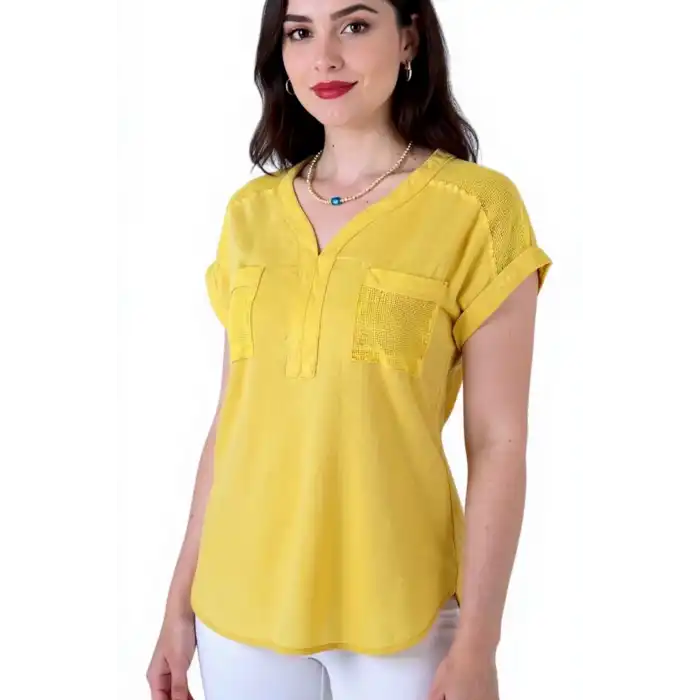 Kadın Sarı Omzu Ve Cebi FİLE DETAYLI Yıkamalı Keten Kumaş Kısa Kol Buluz Gömlek
