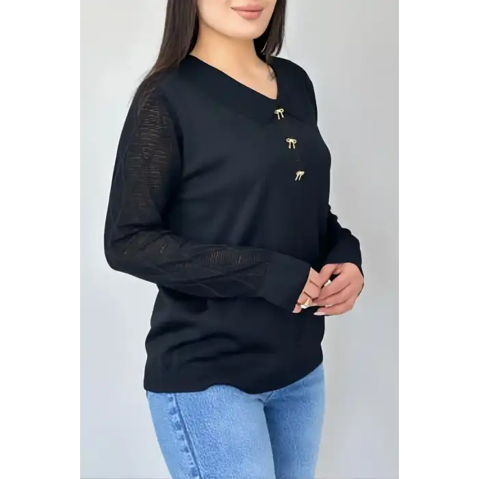 Kadın Siyah Bebe Yakalı Kollar Ajurlu Fileli Simli Likralı Yumuşak Dokulu İnce Tiriko Kazak