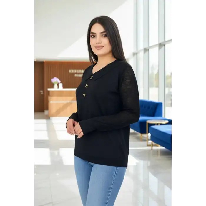 Kadın Siyah Bebe Yakalı Kollar Ajurlu Fileli Simli Likralı Yumuşak Dokulu İnce Tiriko Kazak