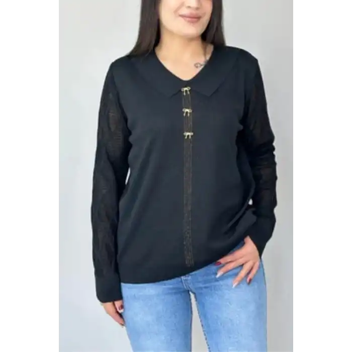 Kadın Siyah Bebe Yakalı Kollar Ajurlu Fileli Simli Likralı Yumuşak Dokulu İnce Tiriko Kazak