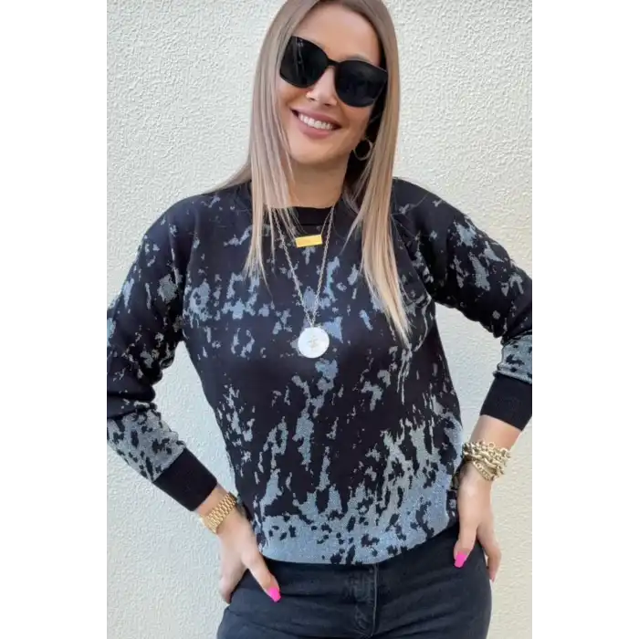 Kadın Siyah Gri Sim Detaylı Bisiklet Yaka Batik Desen Yeni Sezon Likralı Esnek Tiriko Kazak