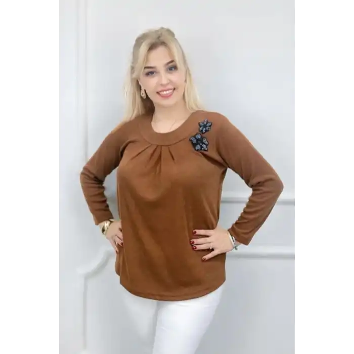 Kadın Tarçın Bisiklet Yaka Büyük Beden  Yakası Pileli Likralı İnce Tiriko Buluz