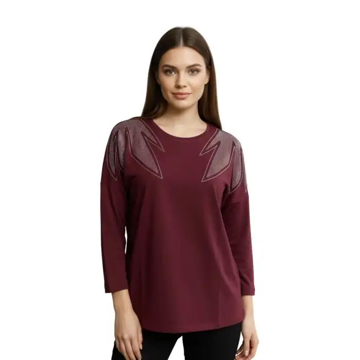 Kadın Bordo Renk Bisiklet Yaka Omuzlar Yaprak Kristal Taş Bakılı Likralı Buluz