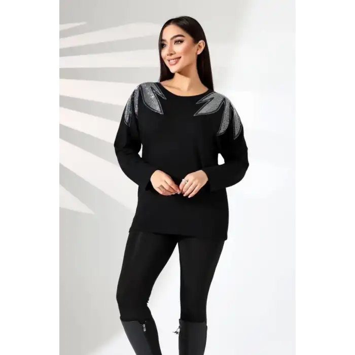 Kadın Siyah Bisiklet Yaka Omuzlar Yaprak Kristal Taş Bakılı Likralı Buluz