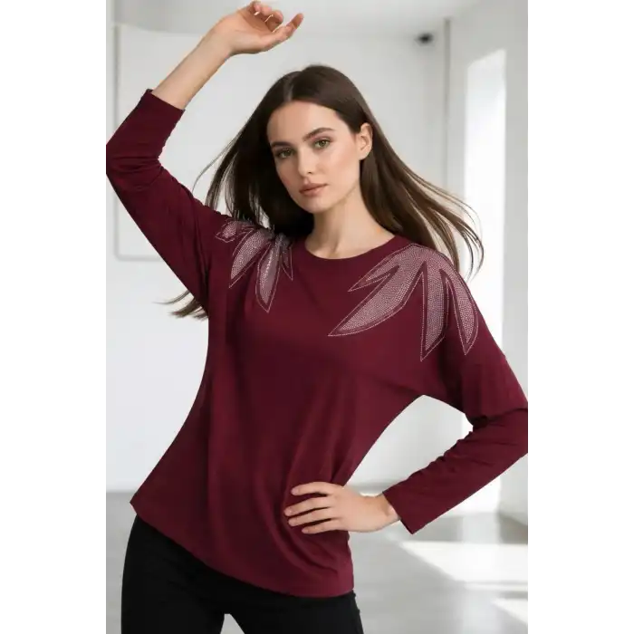 Kadın Bordo Renk Bisiklet Yaka Omuzlar Yaprak Kristal Taş Bakılı Likralı Buluz