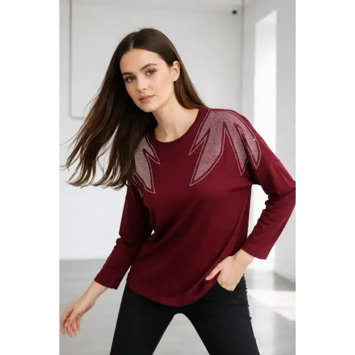 Kadın Bordo Renk Bisiklet Yaka Omuzlar Yaprak Kristal Taş Bakılı Likralı Buluz