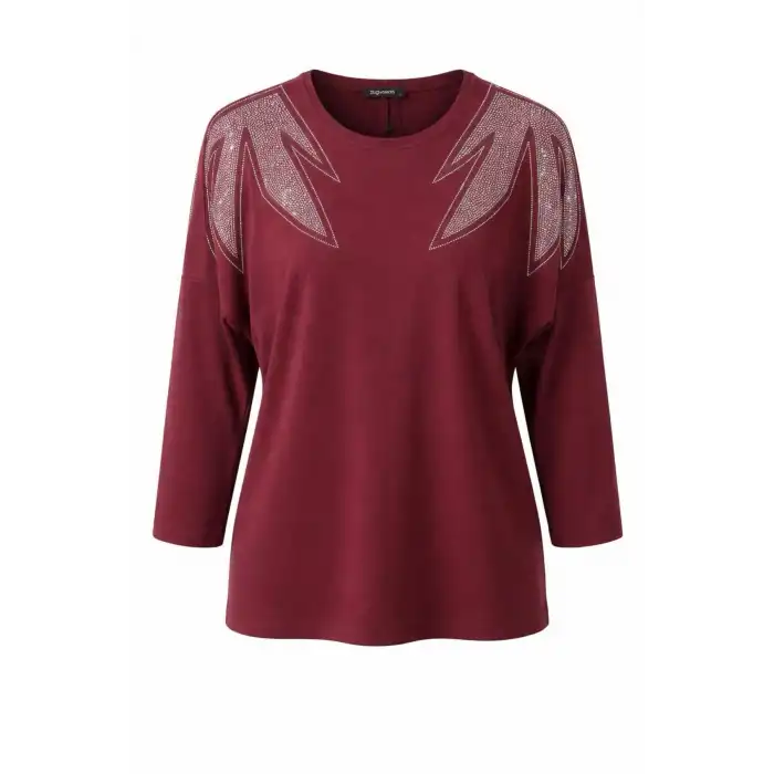 Kadın Bordo Renk Bisiklet Yaka Omuzlar Yaprak Kristal Taş Bakılı Likralı Buluz