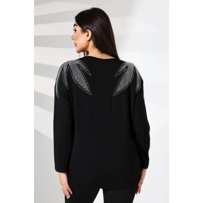 Kadın Siyah Bisiklet Yaka Omuzlar Yaprak Kristal Taş Bakılı Likralı Buluz