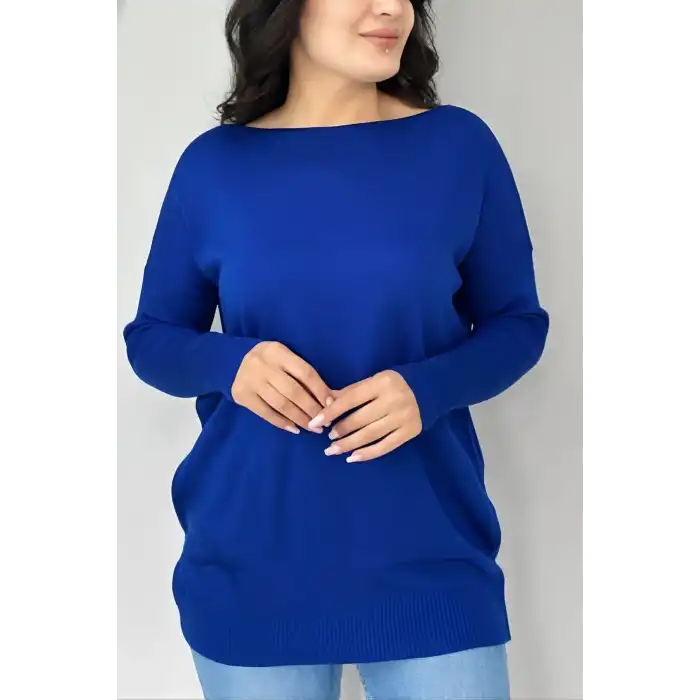 Kadın MAVİ Bisiklet Yaka Yandan Cepli Likralı Yumuşak Dokulu İnce Tiriko Kazak