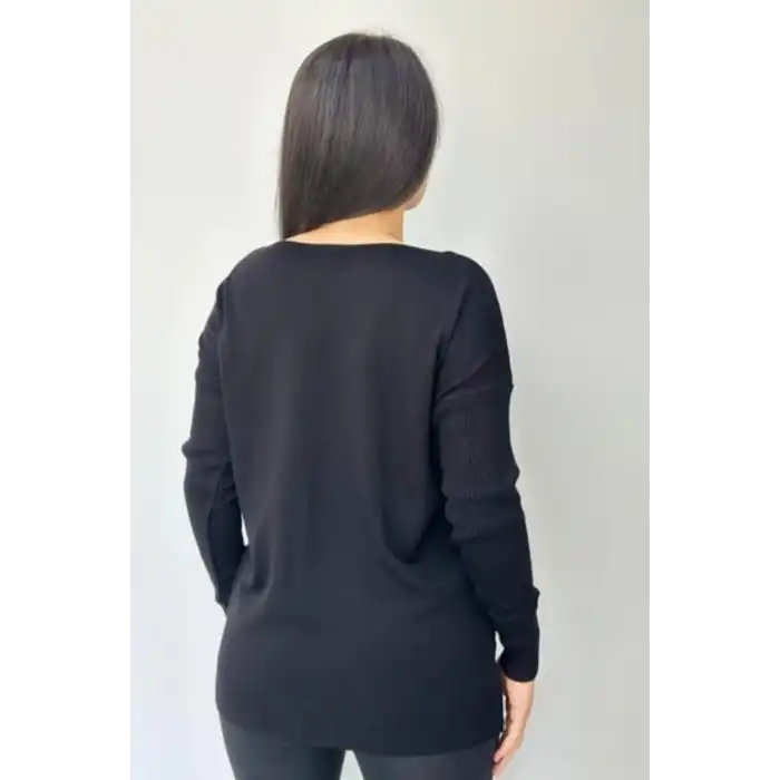 Kadın SİYAH Bisiklet Yaka Yandan Cepli Likralı Yumuşak Dokulu İnce Tiriko Kazak