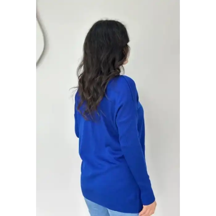 Kadın MAVİ Bisiklet Yaka Yandan Cepli Likralı Yumuşak Dokulu İnce Tiriko Kazak