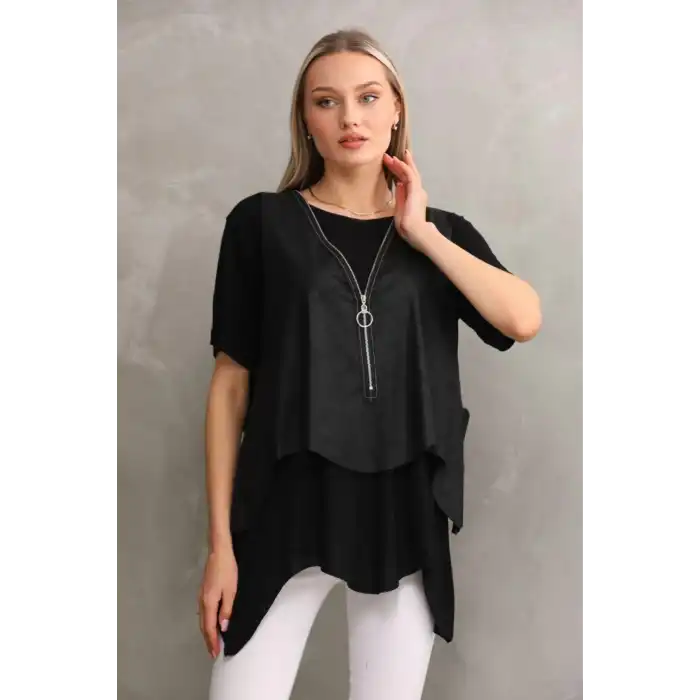 Kadın Büyük Beden İçi Siyah Bluzlu Likralı Yelekli Kısa Kol İkili Takım