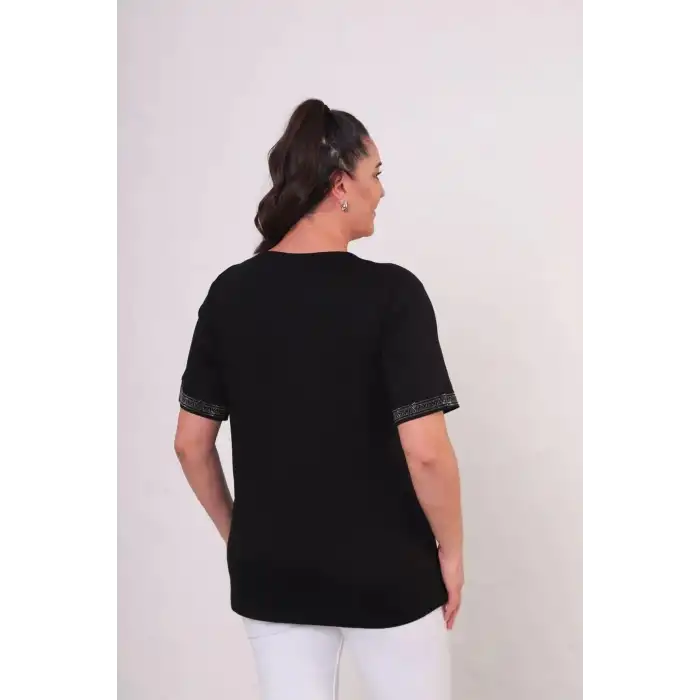 Kadın Siyah Büyük Beden Önü Ve Kol Ucu Etnik Desen Kriştal Taş İlşemeli Kısa Kol Buluz