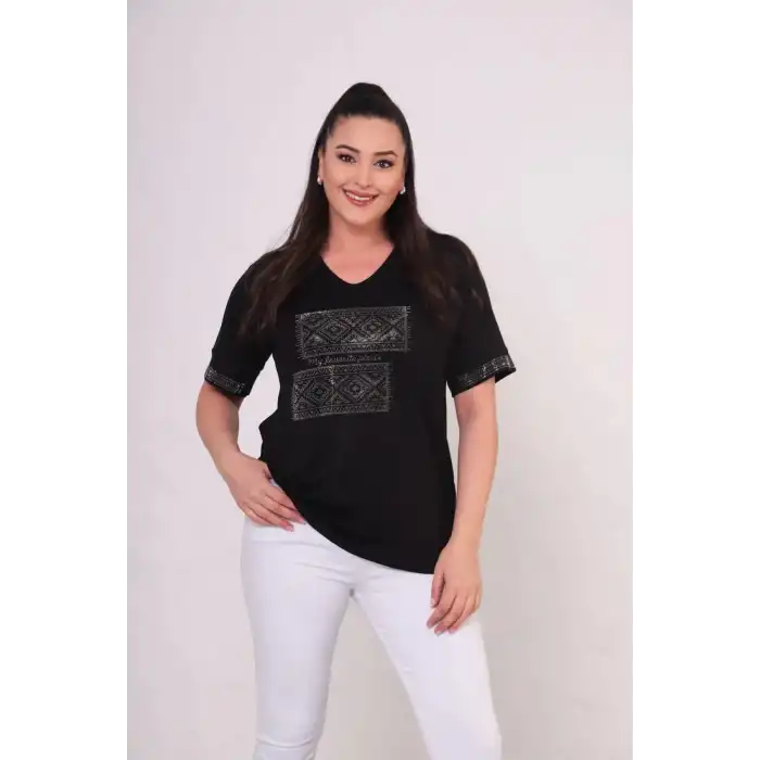 Kadın Siyah Büyük Beden Önü Ve Kol Ucu Etnik Desen Kriştal Taş İlşemeli Kısa Kol Buluz