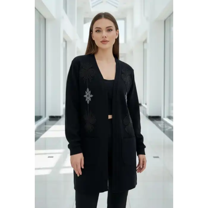 Kadın Siyah Etnik Yıldızlı Boncuk İşlemeli Selanik Kumaş Cepli Ceket