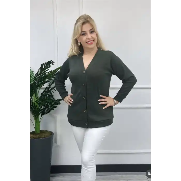 Kadın Haki Yeşil Düğmeli Huviz Kumaş Likralı İnce Titiko Hırka