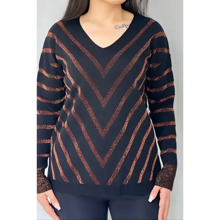 Kadın SİYAH-GOLD Renk V Yaka Simli Verev Çizgili Likralı Tiriko Bluz