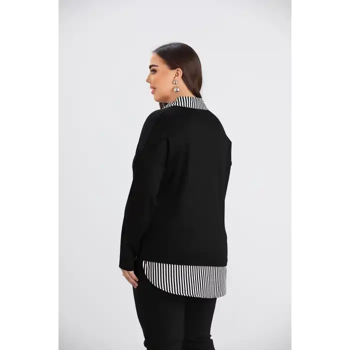 Kadın Siyah İçten Gömlek Yaka Çıkmalı Çizgili Garnili Yeni Sezon Kristal Likralı Kumaş Buluz