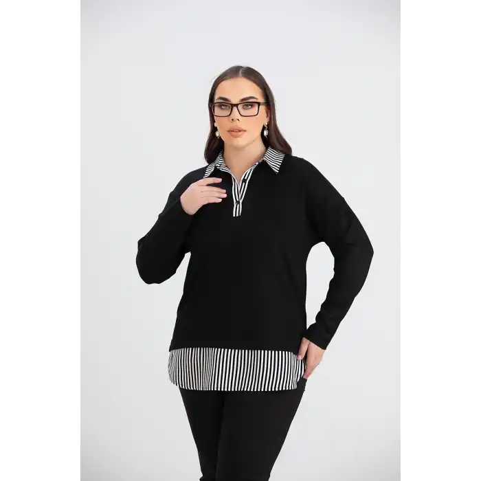 Kadın Siyah İçten Gömlek Yaka Çıkmalı Çizgili Garnili Yeni Sezon Kristal Likralı Kumaş Buluz