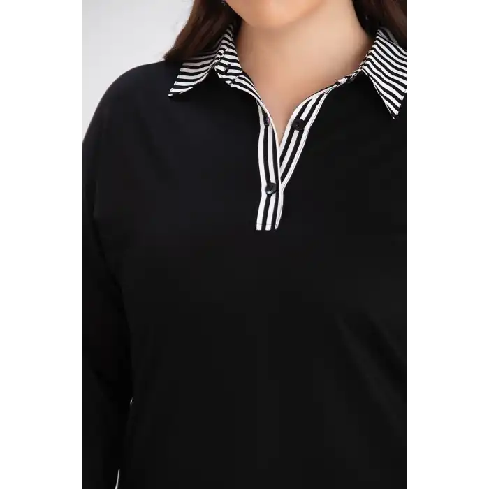 Kadın Siyah İçten Gömlek Yaka Çıkmalı Çizgili Garnili Yeni Sezon Kristal Likralı Kumaş Buluz