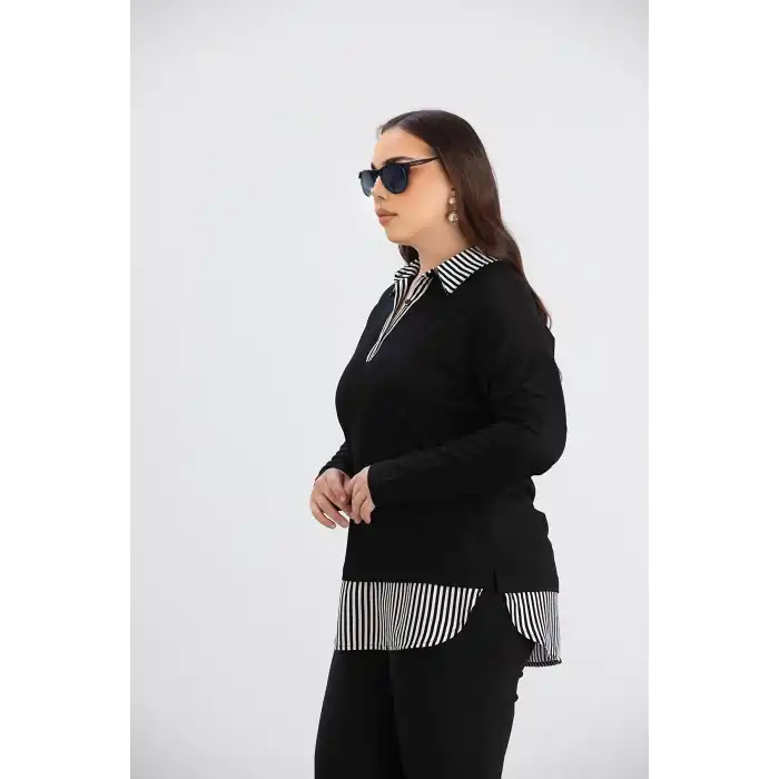 Kadın Siyah İçten Gömlek Yaka Çıkmalı Çizgili Garnili Yeni Sezon Kristal Likralı Kumaş Buluz
