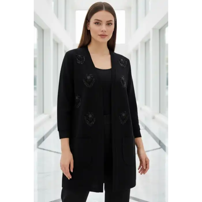 Kadın Siyah Palmiye Boncuk İşlemeli Selanik Kumaş Cepli Ceket