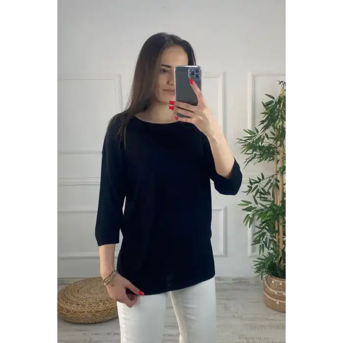 Kadın Siyah Kayık Yaka Likralı  % 100 PAMUK İPLİK  İnce Triko Bluz
