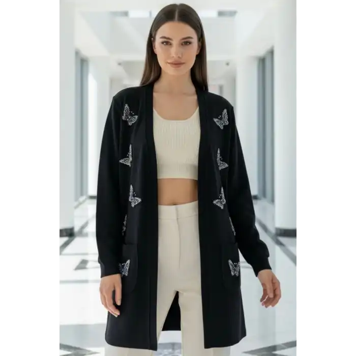 Kadın Sİyah Kelebek Boncuk İşlemeli Selanik Kumaş Cepli Ceket