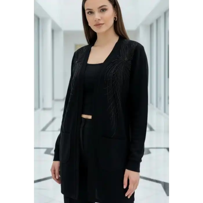 Kadın Siyah Desenli Boncuk İşlemeli Selanik Kumaş Cepli Ceket