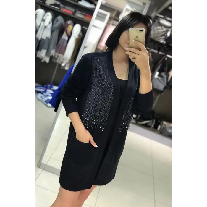 Kadın Siyah İnci Taş Serpme Nakışlı Selanik Kumaş Cepli Ceket