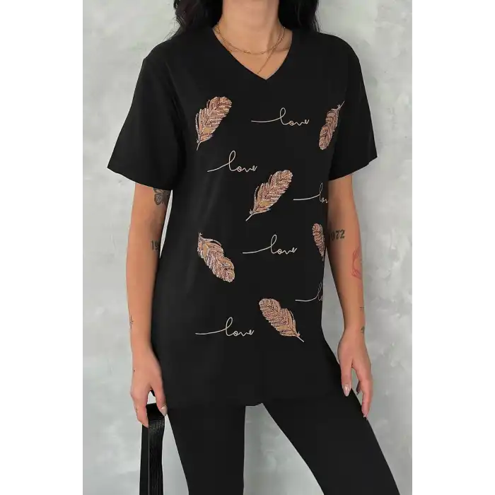 Kadın Siyah V Yaka Büyük Beden Önü Love Baskılı Nakışlı % 100 PAMUK PENYE Buluz