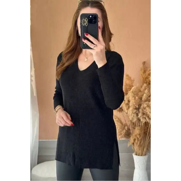 Kadın Siyah V Yaka Likralı Dışı Simli İçi Yumoş İnce Triko Bluz