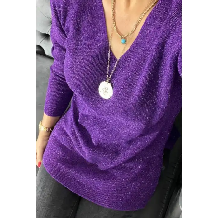 Kadın Mor V Yaka Likralı Dışı Simli İçi Yumoş İnce Triko Bluz