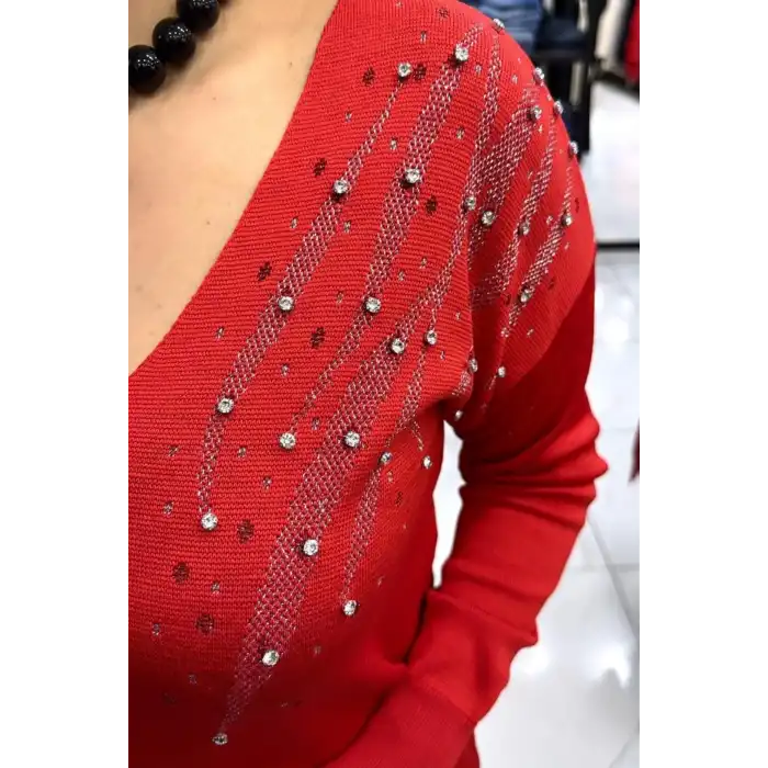 Kadın Kırmızı V Yaka Omzu Kristal İnci Ve Taş İşlemeli Likralı Tiriko Kazak Bluz