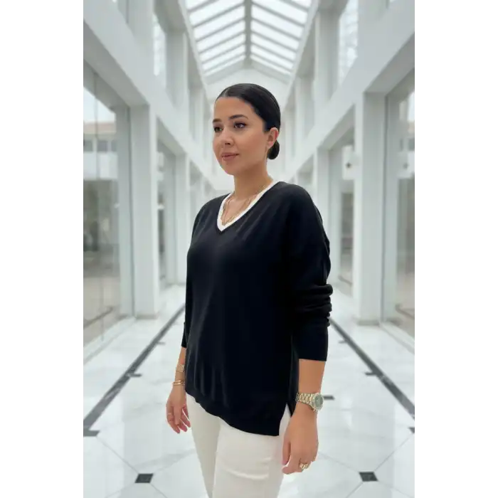 Kadın Siyah V Yaka Yakası Çift Renkli Pamuk Örgü Likarlı İnce Triko Buluz