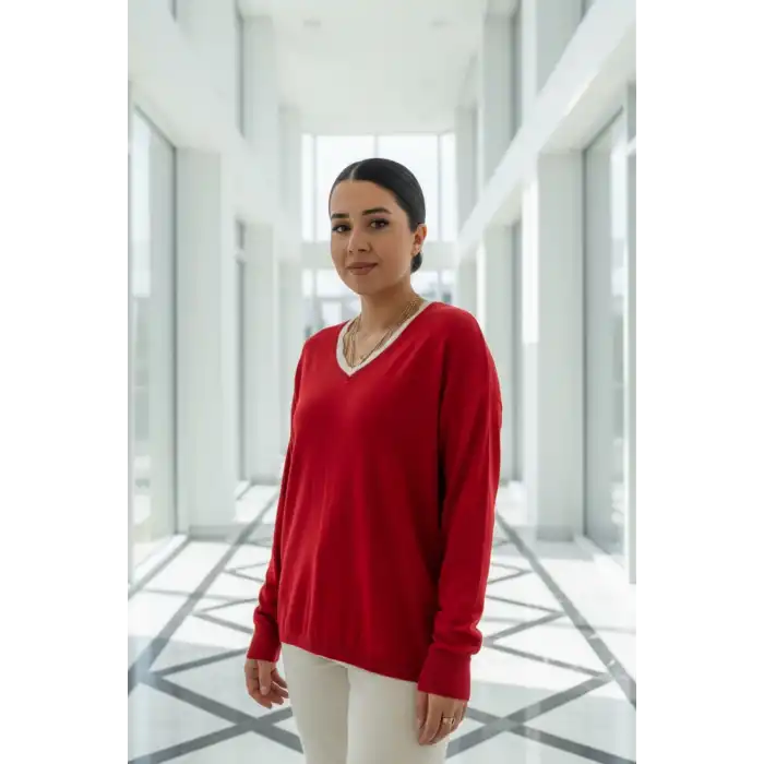 Kadın Kırmızı V Yaka Yakası Çift Renkli Pamuk Örgü Likarlı İnce Triko Buluz
