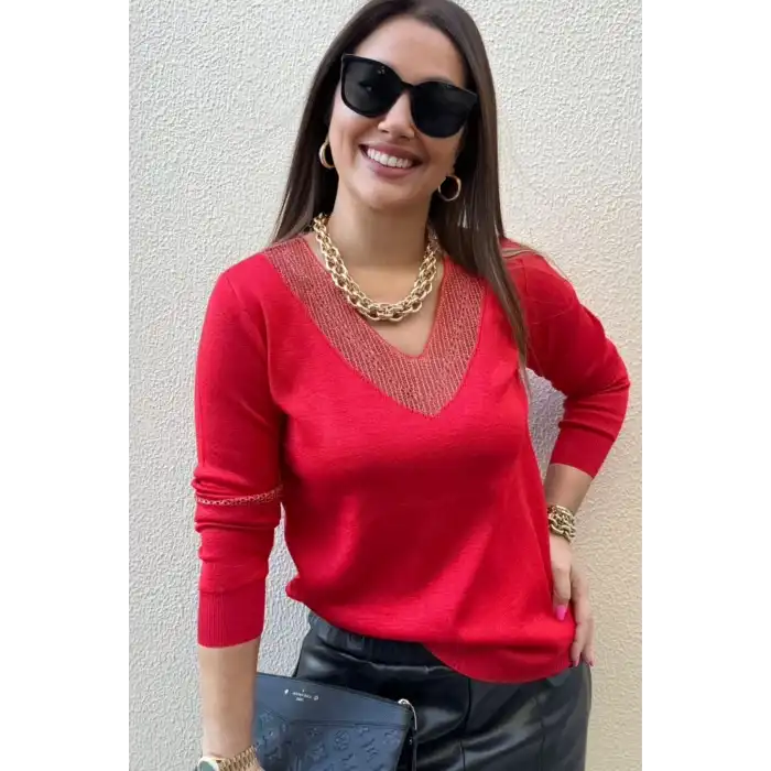 Kadın Kırmızı V Yaka Yakası Simli Likralı Rahat Kalıp İnce Triko Buluz